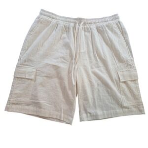 Ouku Cargo Shorts Mens 2XL Off White Linen Cotton Blend Elastic Waist Casual
